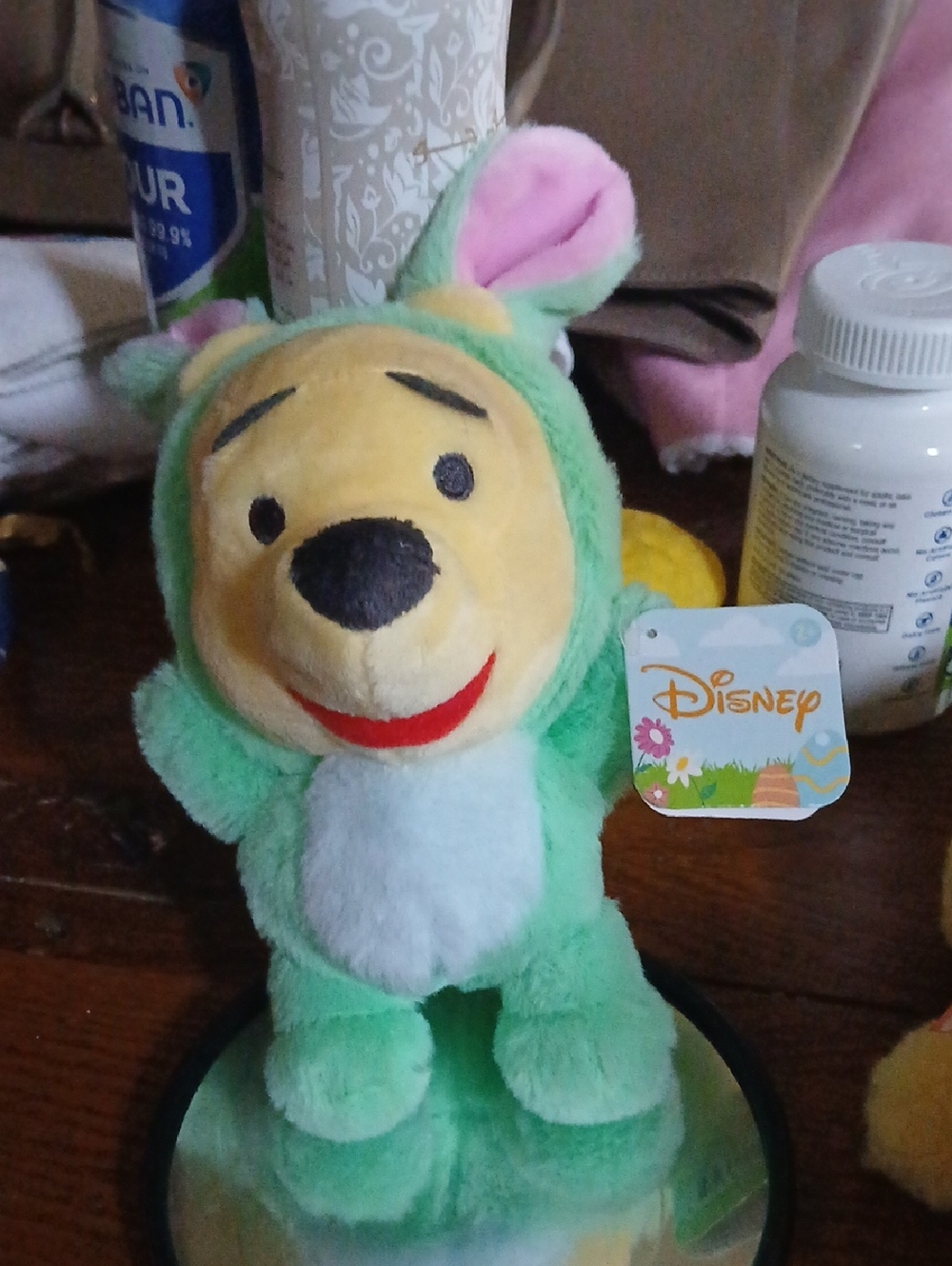 Disney Yellow Winnie the Pooh Plush in Green Bunny Outfit Key Or Bag Charm